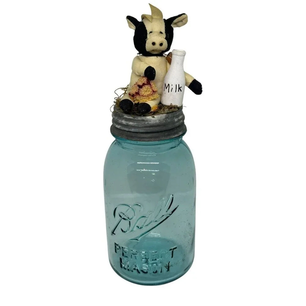 VTG Ball Perfect Mason Jar Cow & Milk Bottle Topper – Farmhouse Kitchen Décor